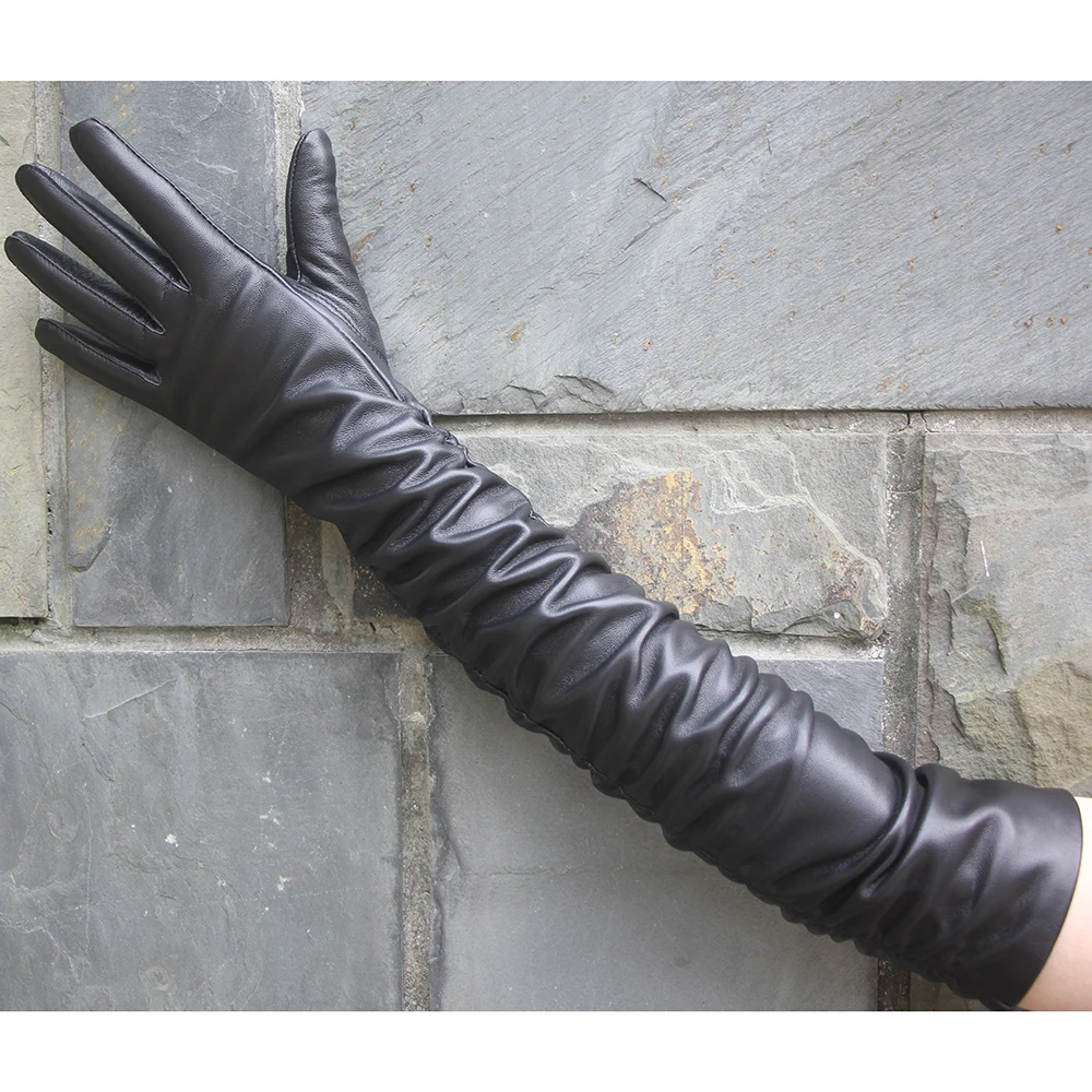 Top Trends: Women Glove Long Crinkle Sheepskin Genuine Leather Fold Long Glove Lady Fall Winter Warm Shoppable Styles