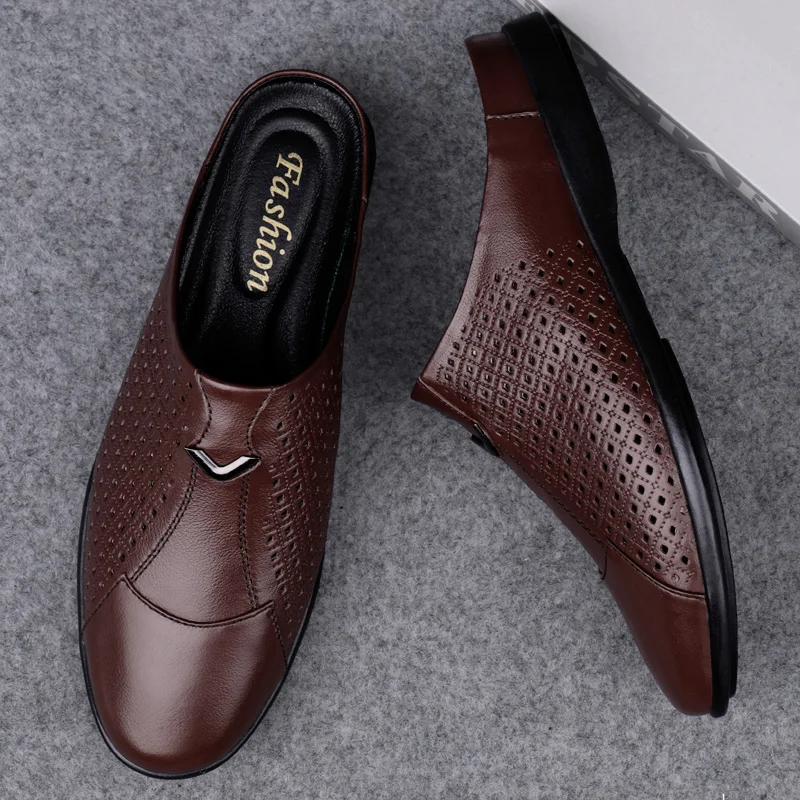 Top Trends: Man Summer Fashion Cowhide Casual Mules Male Breathable Half Loafer Slippers Hombre Genuine Leather Hollow Flat Half Mocassins Shoppable Styles