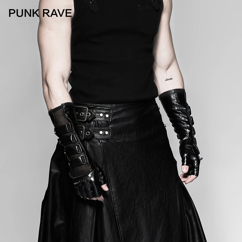 Top Trends: PUNK RAVE Steampunk Black Locomotive Men Long Gloves Gothic Fashion Rock Rivets Mesh+ PU Leather Coated Male Rivet Glove One Pair Shoppable Styles