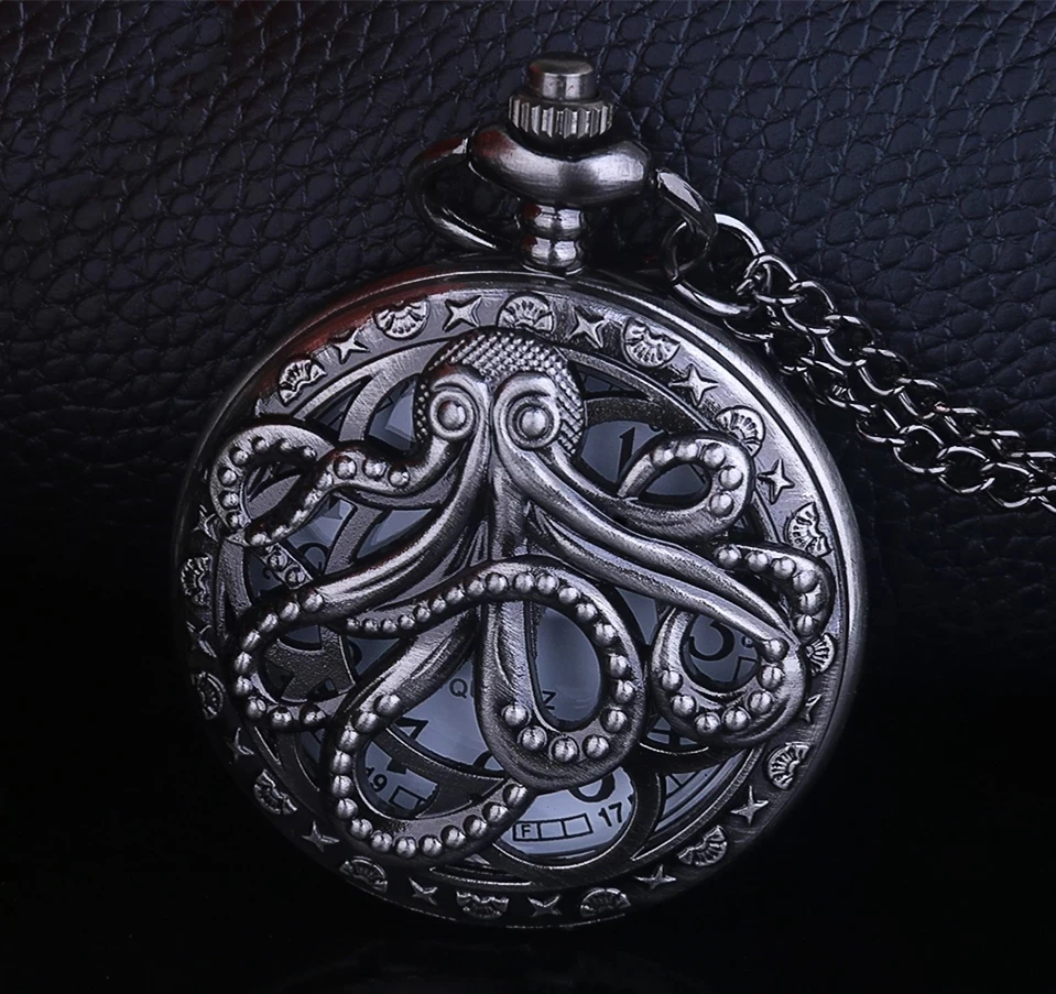 Top Trends: Steampunk Hollow Quartz Pocket Watches Octopus Half Women Gifts Necklace Chain Pocket Watches Mens Fob Watches Shoppable Styles