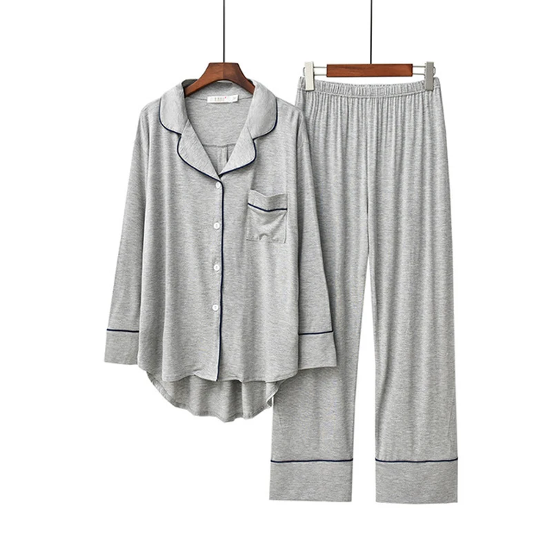 Top Trends: 2PCS Pajama Sets Women Long Sleeve Solid Modal Loose Breathable Soft Lady Suit Womens Korean Style Home Clothing Comfortable Shoppable Styles