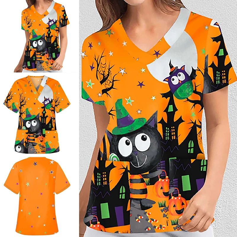 Top Trends: S-3XL 15Colors Halloween V-neck Short Sleeved Nursing Uniform Unisex Hotel Hospital Doctor Operating Scrub T-shirt Shoppable Styles