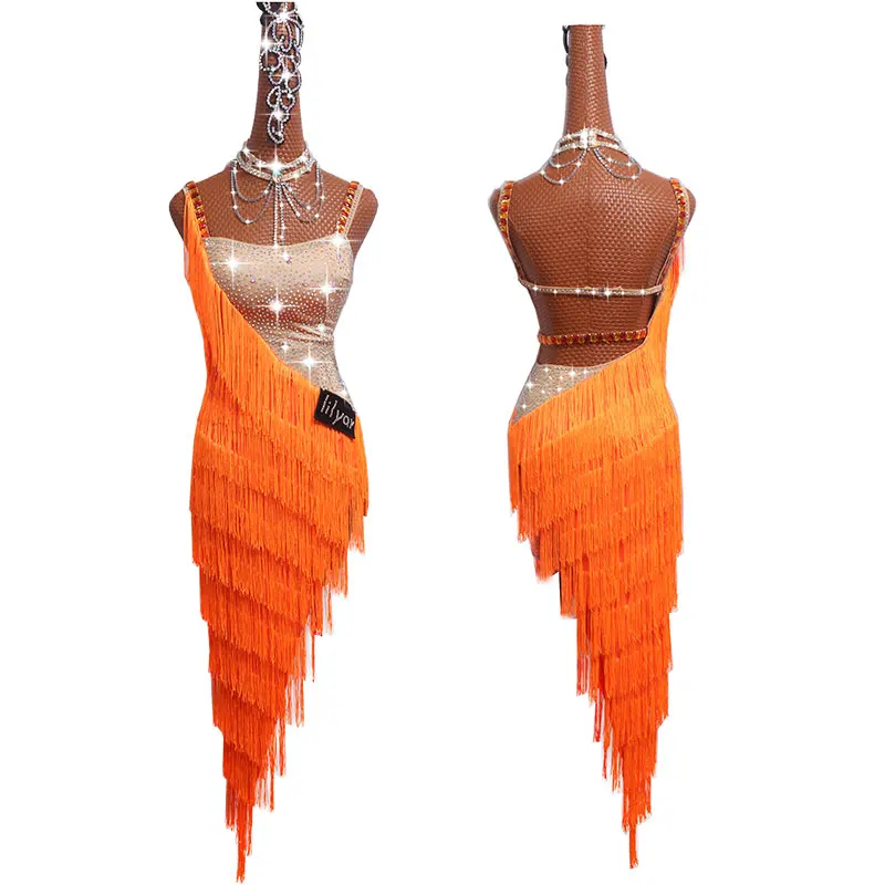 Top Trends: Latin Dance Dress Latin Skirt Competition Dress Costumes Performing Dresses Sparkly Rhinestones Customize Children Orange Tassel Shoppable Styles