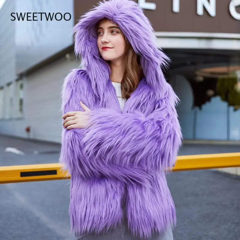 Top Trends: Fluffy Faux Fur Coat With Hood Women Winter Loose Plush Purple Grey Green Red Jacket Ladies Chic Fashion Parka Outwear Shoppable Styles