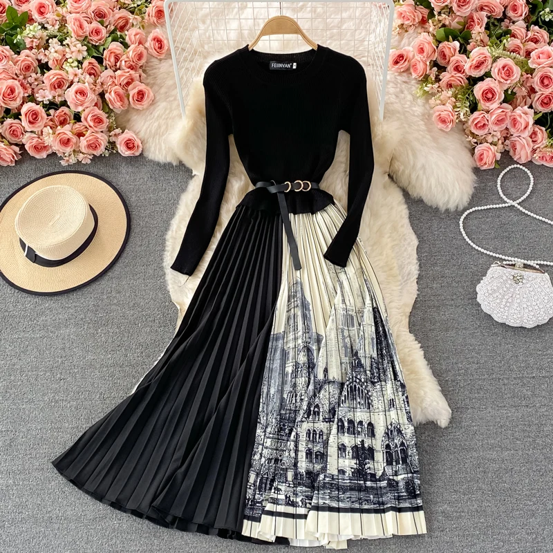 Top Trends: Autumn Winter Elegant Knitted Patchwork Contrast Color Pleated Dress Women Long Sleeve Office Lady Sweater Dress With Belt Shoppable Styles