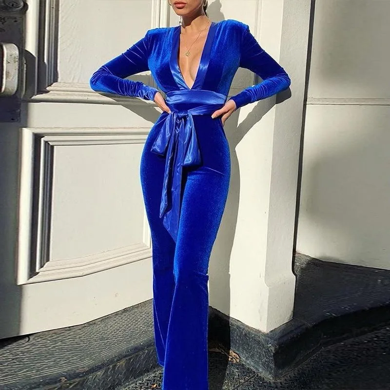 Top Trends: Solid Velvet Women Long Sleeve V Neck Wide Leg Jumpsuit Shoulder Pads Belt Streetwear Party Elegant 2021 Autumn Rompers Shoppable Styles