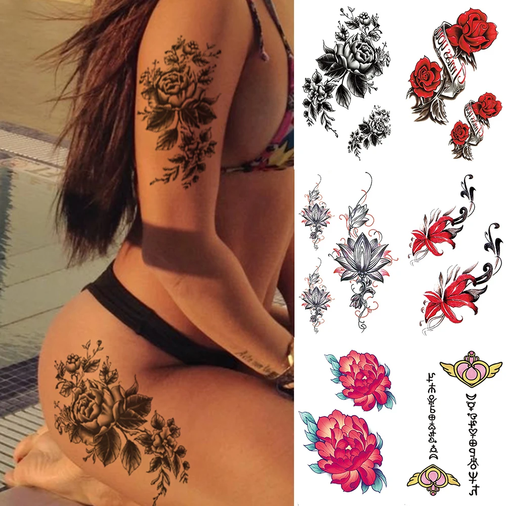 Top Trends: Waterproof Temporary Tattoo Sticker Flower Peony Rose Sketches Flash Tattoos Black Henna Body Art Arm Fake Tatoo Women Men Shoppable Styles