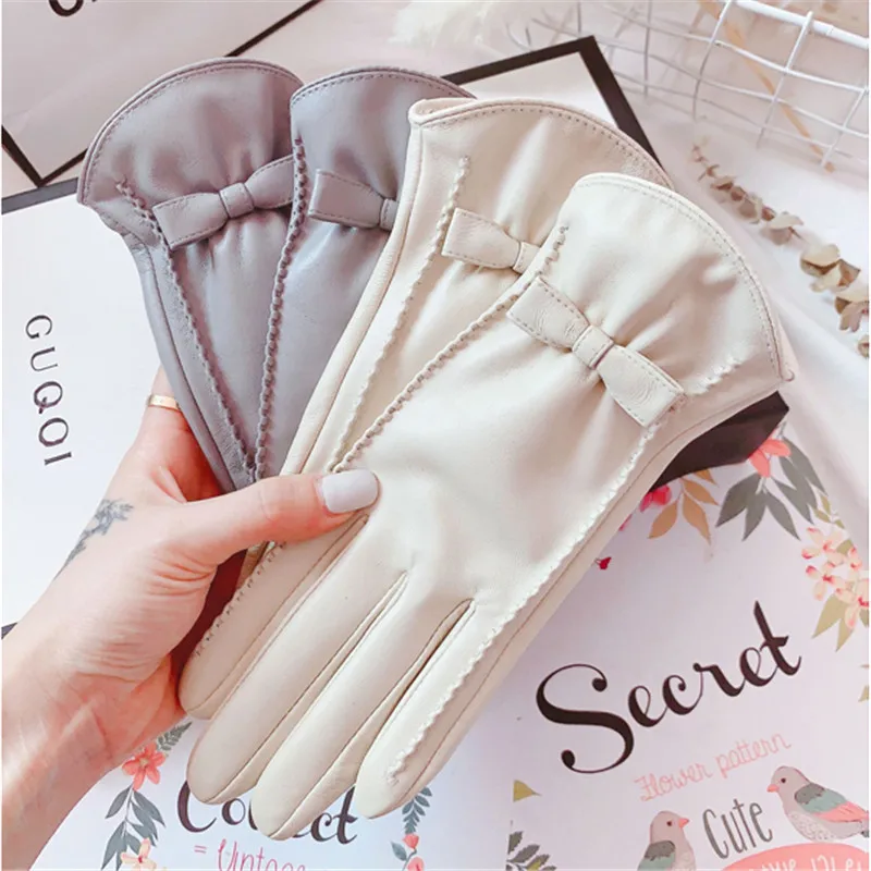 Top Trends: Sheepskin Gloves Female Autumn Winter Touch Screen Cute Bowknot Plus Velvet Thermal Driving Locomotive Real Leather Gloves 1205 Shoppable Styles