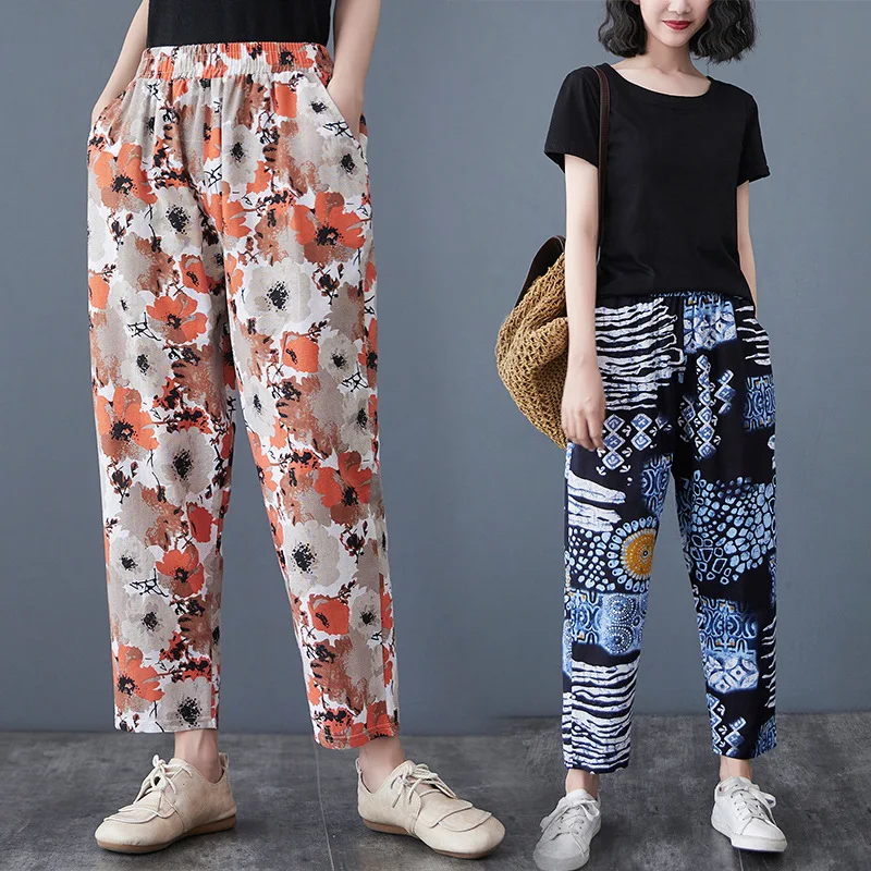 Top Trends: Women Summer Boho Floral Printed Trousers Loose Vintage Cotton Linen Cropped Harem Pants Lady Streetwear Pants All-match 4XL Shoppable Styles