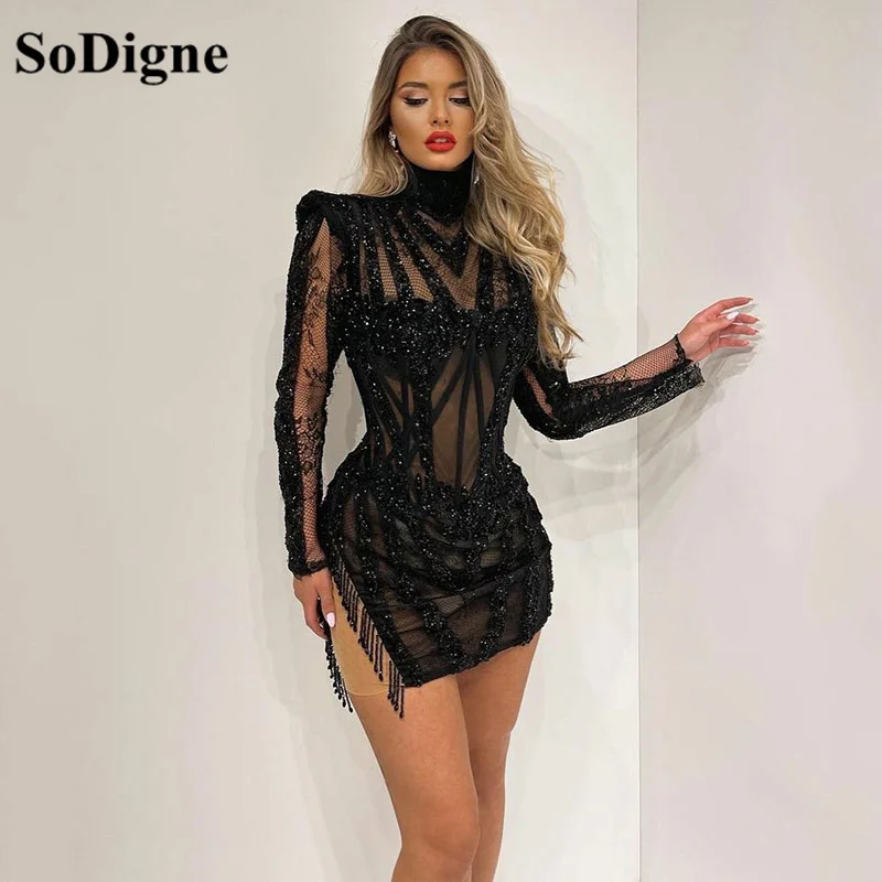 Top Trends: SoDigne Glitter Black High Neck Short Cocktail Dress Long Sleeves Beads Illusion Lady's Dress Mermaid Formal Party Prom Gowns Shoppable Styles