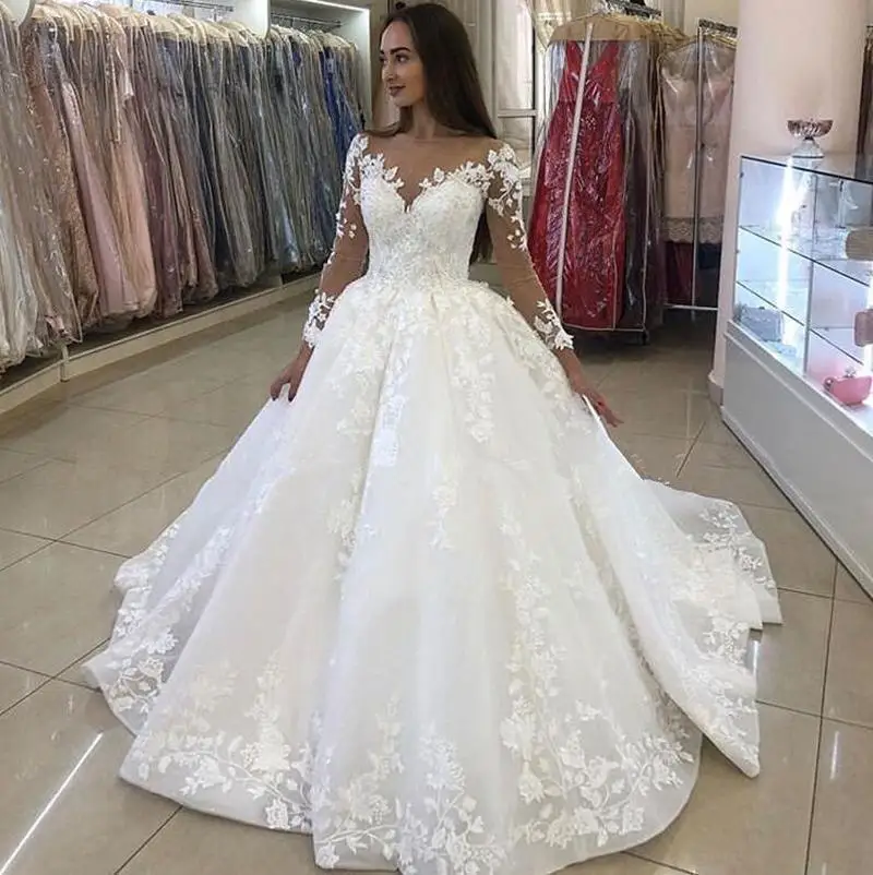 Top Trends: 2022 New V Neck Long Sleeve Wedding Dresses Saudi Arabia Lace Bridal Gowns Court Train Elegant Lace Bridal Gown Vestido De Noiva Shoppable Styles