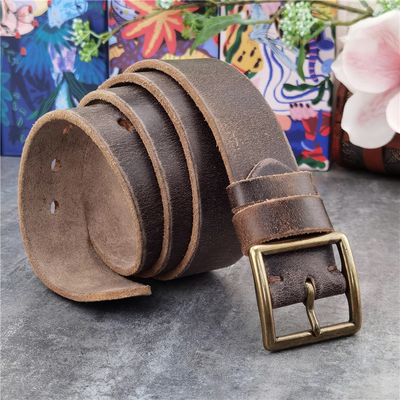 Top Trends: Retro Jeans Leather Belt Men Ceinture Vintage Brass Belt Buckle Genuine Leather Belts For Men Long Waist Belt Male MBT0009 Shoppable Styles - Image 3