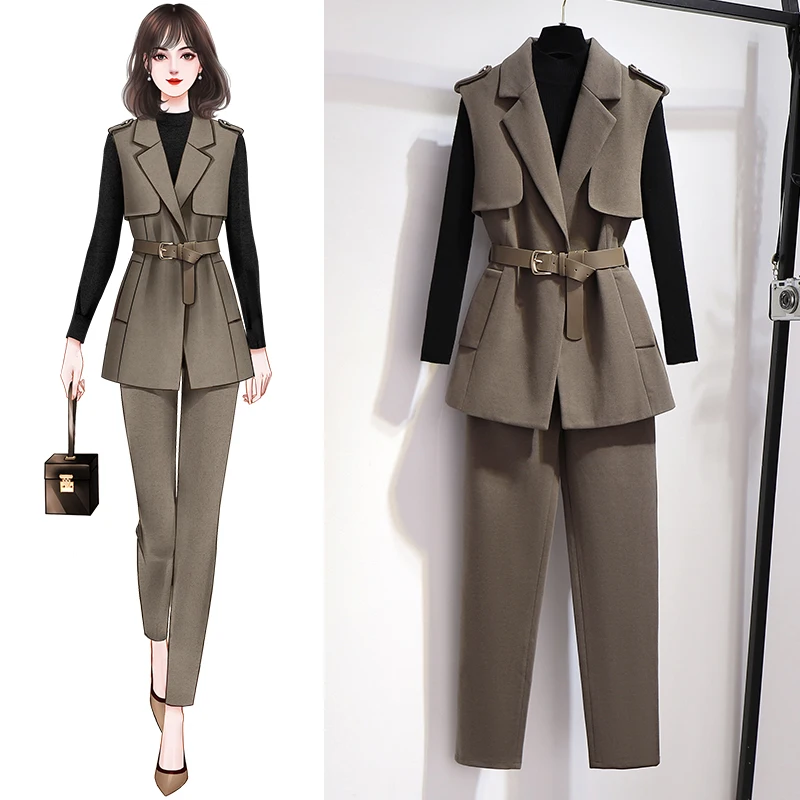 Top Trends: New Spring Fall Women Blazer Vest And Pants Two Piece Set Solid Color Casual Belt Coat + High WaistLong Trousers Suits 2022 Shoppable Styles