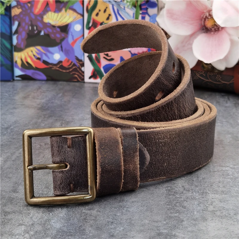 Top Trends: Retro Jeans Leather Belt Men Ceinture Vintage Brass Belt Buckle Genuine Leather Belts For Men Long Waist Belt Male MBT0009 Shoppable Styles - Image 4