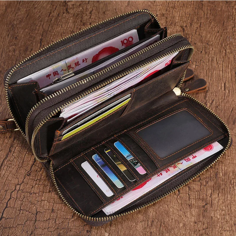 Top Trends: Men Double Zipper Genuine Leather Wallet Male Business Clutch Purse Long Phone Card Holder Men&#039;s Clutch Wallet Vintage Handy Bag Shoppable Styles