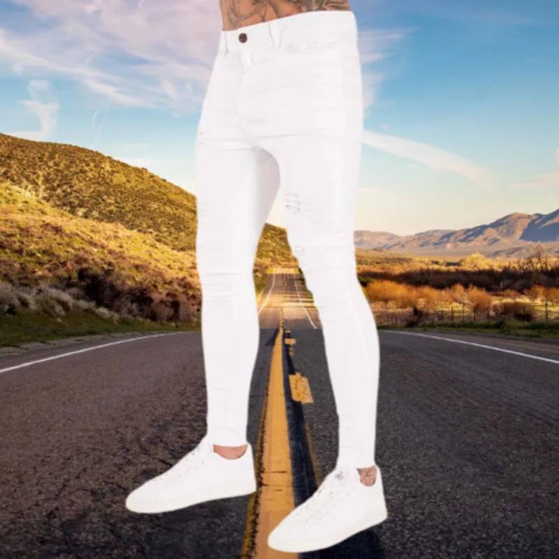 Top Trends: Fashion Casual White Ripped Jeans For Men Jeans Pants Slim Skinny Stretch Denim Pants Man Elastic Waist Jogging Denim Trousers Shoppable Styles