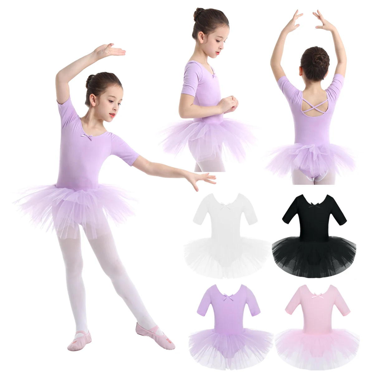 Top Trends: 2-10 Years Kids Girls Tutu Ballerina Dancewear Short Sleeve Cotton Tulle Ballet Dance Gymnastics Leotard Performance Tutu Dress Shoppable Styles