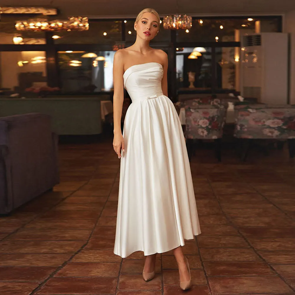 Top Trends: Vintage Satin Wedding Dresses With Pockets Strapless Ankle-Length Simple Bride Dress Lace-Up Back Vestidos Novia Robr De Mariee Shoppable Styles