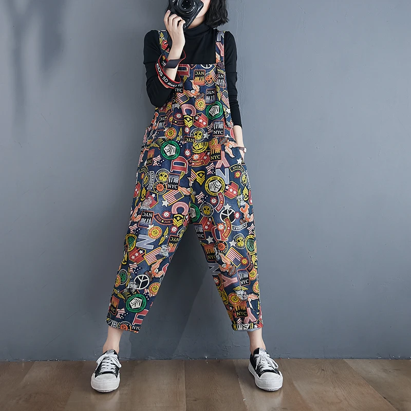 Top Trends: 2023 Spring Autumn New Cartoon Print Strap Jeans Women's Casual Denim Jumpsuit Trousers Loose Femme Harem Pants Female H1523 Shoppable Styles