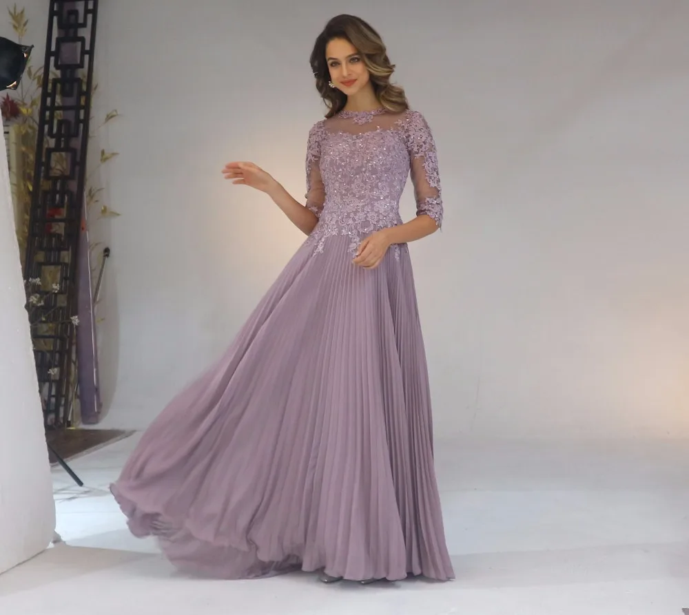 Top Trends: 2023 Chiffon Wedding Guest Dresses Lace Applique A Line With 3 / 4 Sleeves Mother Of The Bride Dress Long Vestido De Festa Longo Shoppable Styles