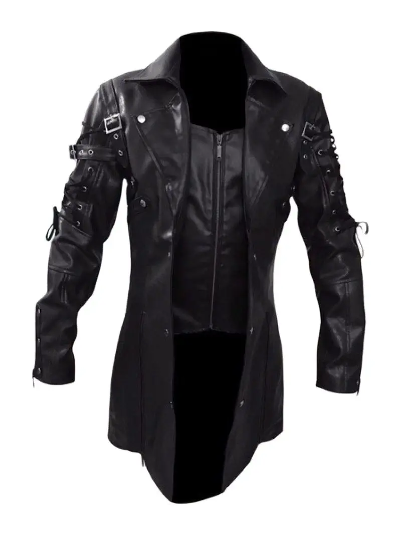 Top Trends: Fashion Black Pu Leather Trench Coat Men Winter Gothic Steampunk Leather Motorcycle Jacket Male Outwear EU Size XXXXXL Shoppable Styles