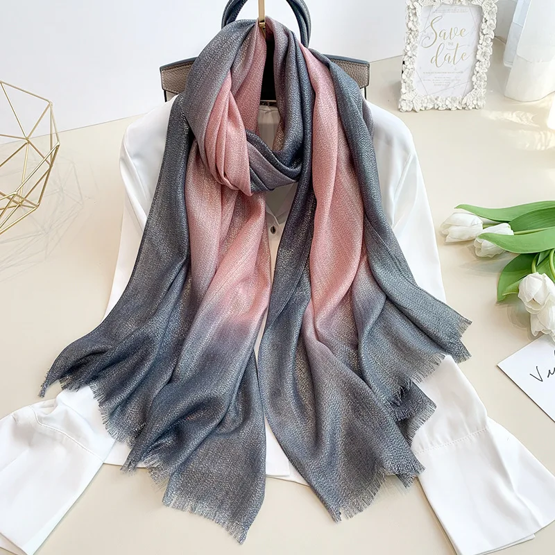 Top Trends: New Fashion Plain Ombre Lurex Glitter Viscose Scarf Shawl Lady High Quality Gradient Pashmina Fringe Stole Bufandas Muslim Hijab Shoppable Styles