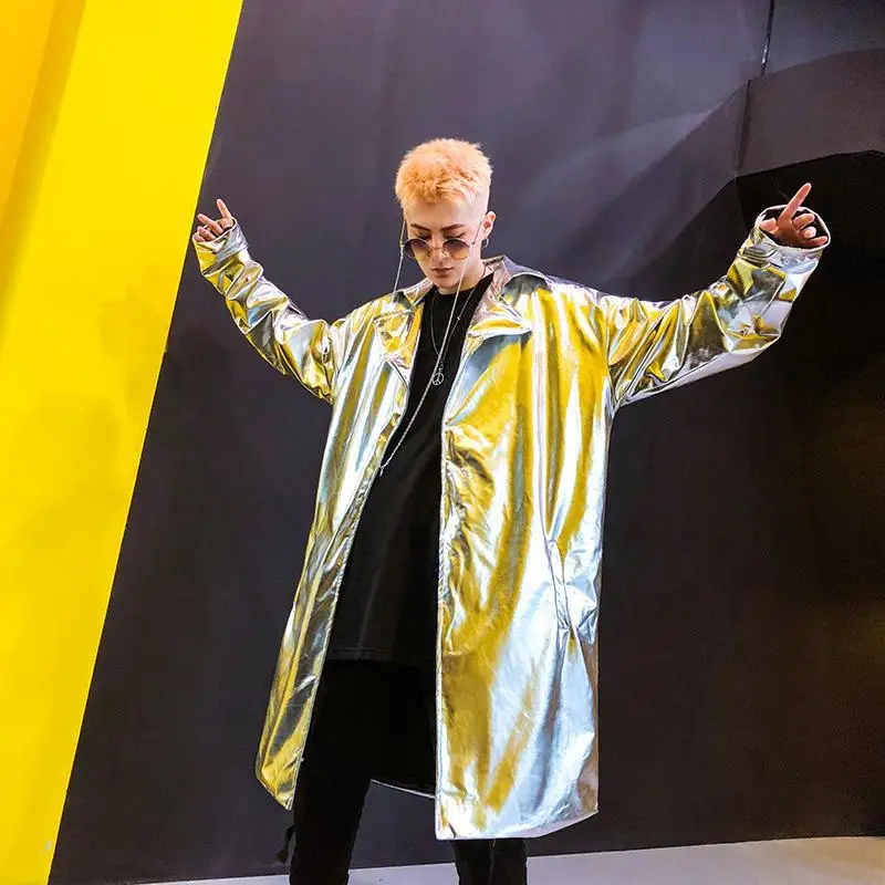 Top Trends: Performance Long Trench Coat Men Shiny Night Club Stage Dance Men Cloak Cape Coat Long Sleeve Capote Masculino Gold Silver XXL Shoppable Styles