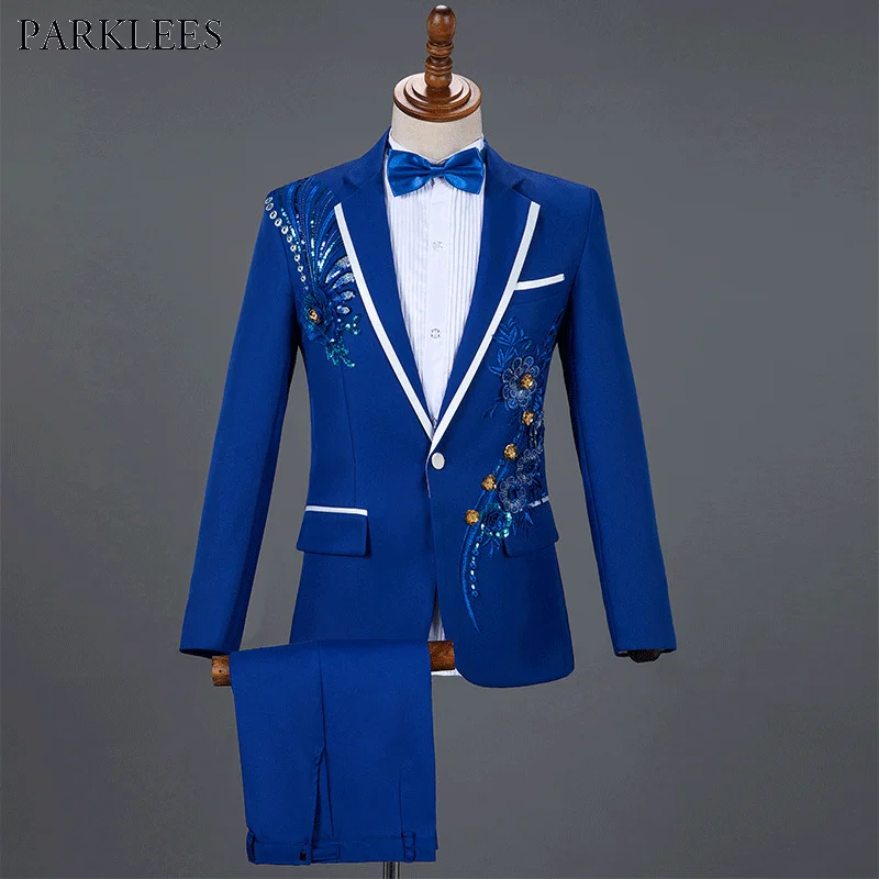 Top Trends: Royal Blue Sequin Embroidery Suit Men Wedding Groom Tuxedo Suits Pants Mens One Button Peak Lapel Stage Costume Traje Hombre 2XL Shoppable Styles