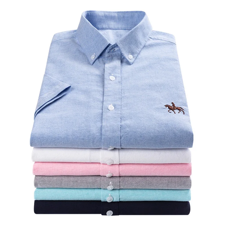 Top Trends: Quality Summer 100% Cotton Oxford Shirt Men's Short Sleeve Embroidered Horse Casual Solid Dress Shirts Men Plus Size 5XL 6XL Shoppable Styles