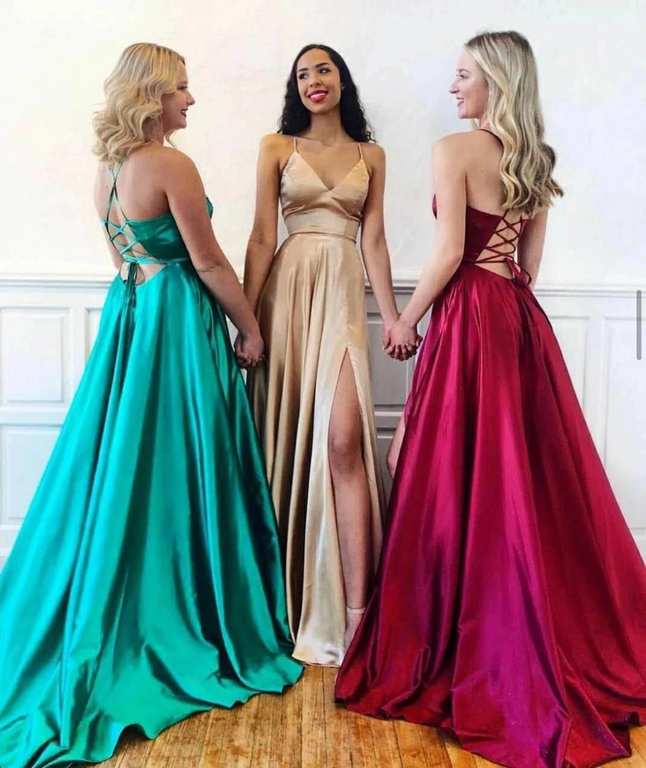 Top Trends: Long Satin Champagne Side Slit Prom Dresses With Pockets Maxi V-Neck Sexy Back Formal Evening Dress Party Gowns Shoppable Styles