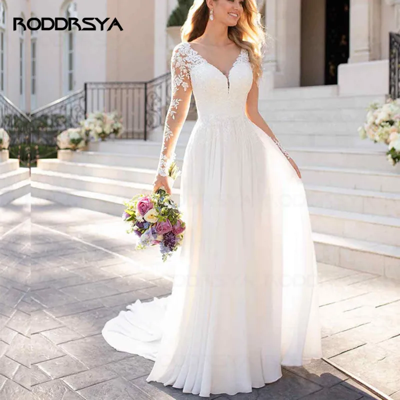 Top Trends: V Neck Long Sleeves Chiffon Beach Wedding Dresses Open Back White Lace Applique Bridal Dress Party Vestidos De Novia A-line Shoppable Styles