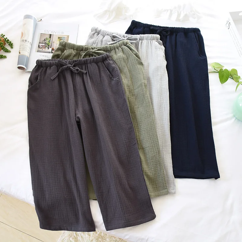 Top Trends: Summer Mens Sleeping Pants 100% Cotton Crepe Sleep Bottoms Solid Cropped Pants Elastic Band Sleep Shorts Loose Home Lounge Wear Shoppable Styles