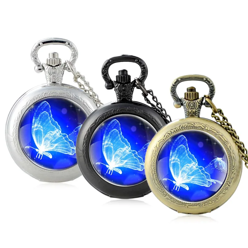 Top Trends: Classic Charm Blue Butterfly Design Glass Cabochon Quartz Pocket Watch Vintage Men Women Pendant Necklace Chain Clock Gifts Shoppable Styles