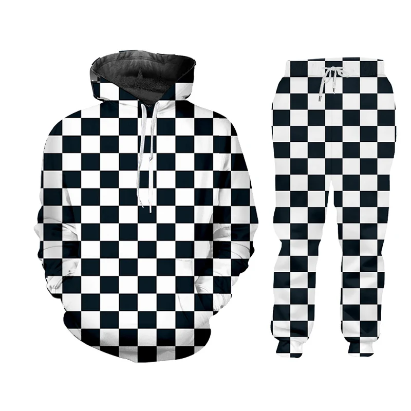 Top Trends: UJWI Black And White Plaid Checkerboard Casual Streetwear Sweatshirt And Pants 3d Crewneck Hoodie Pullovers Men / Women Tracksuit Shoppable Styles