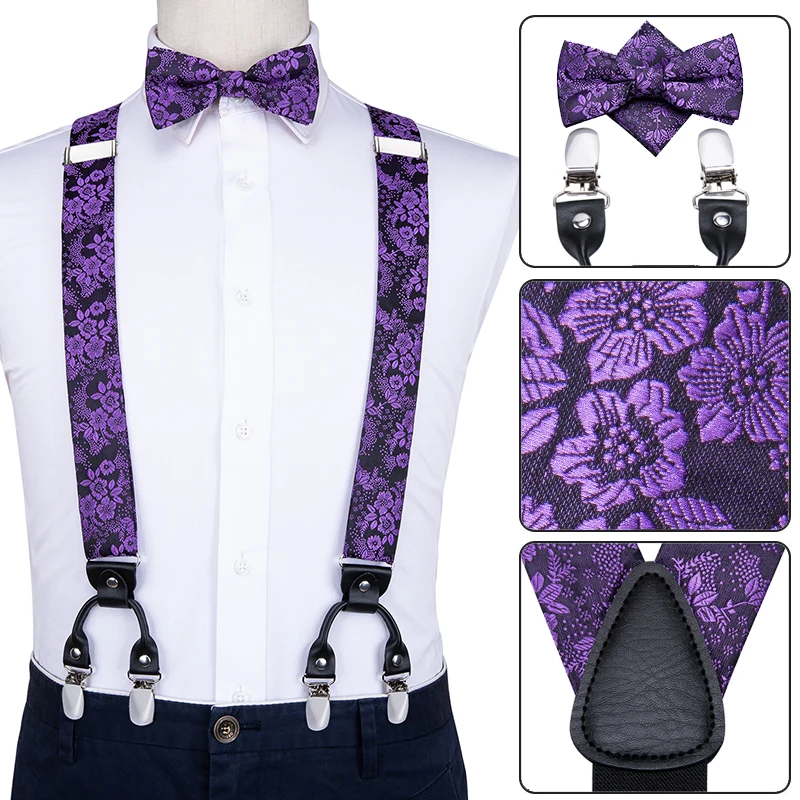 Top Trends: Hi-Tie Silk Adult Men's Bow Tie And Suspenders Set Leather Metal 6 Clips Braces Purple Floral Elastic Wedding Suspender SET Shoppable Styles