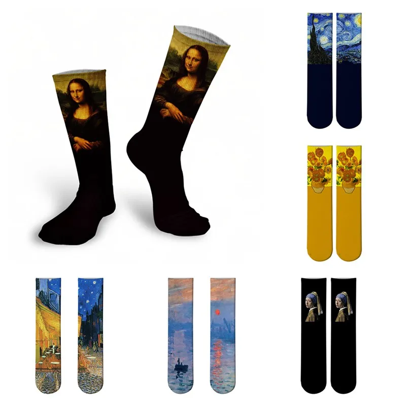 Top Trends: Mona Lisa Retro Printed Art Socks For Unisex Fashion Funny Famous Painting Long Socks Van Gogh Starry Night Women Cotton Socks Shoppable Styles