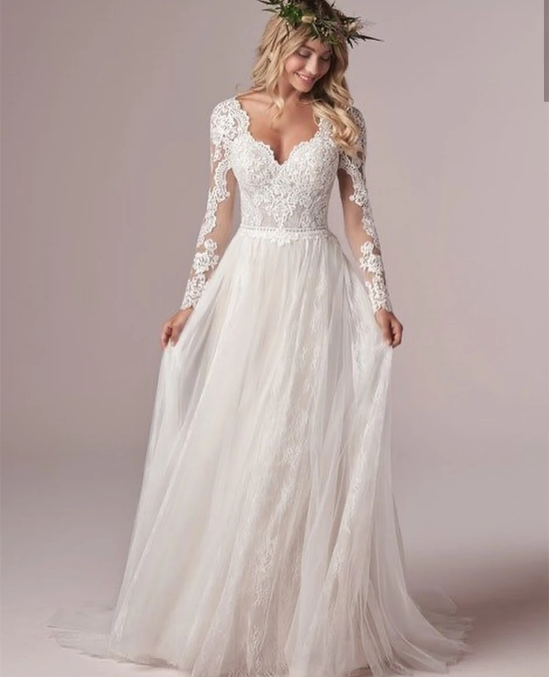 Top Trends: Lsyx Bohemian Long Sleeves Wedding Dress For Women Corset Low Back Floor Length Lace Appliques White Tulle Chiffon Bridal Gown Shoppable Styles - Image 3