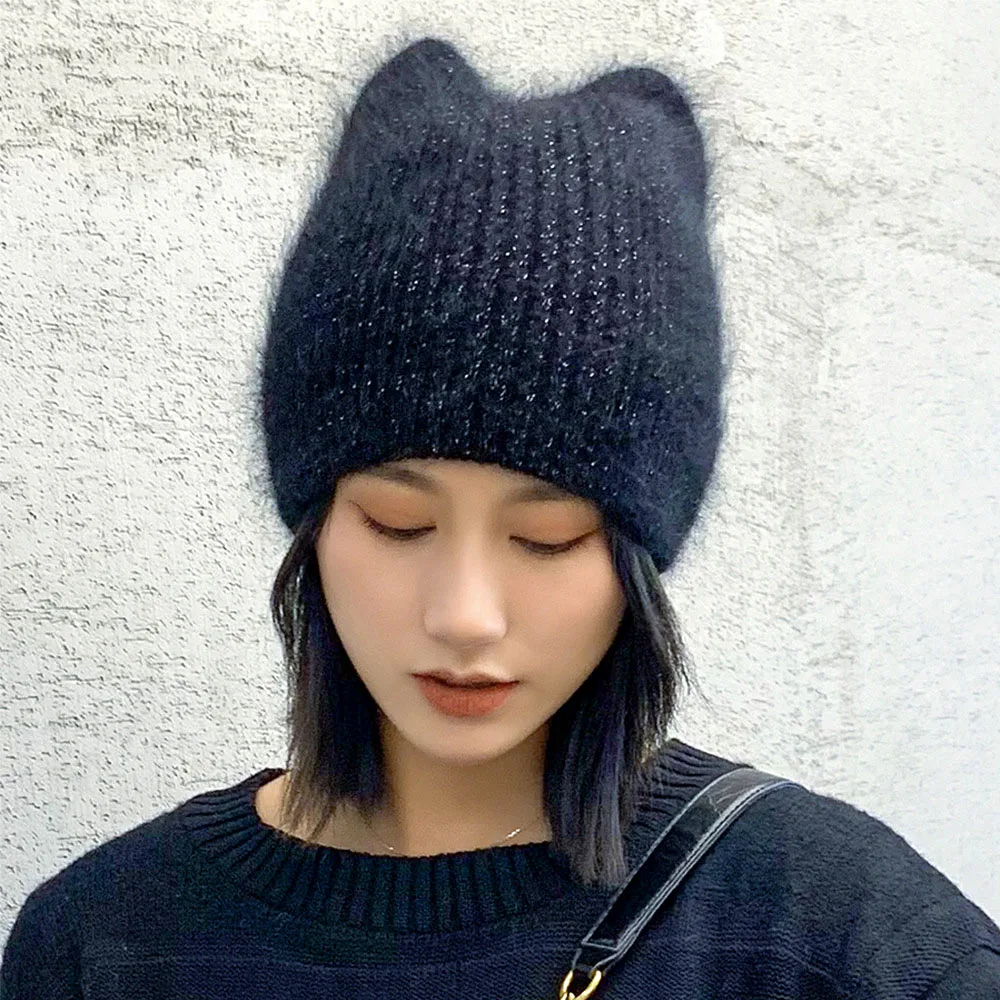 Top Trends: 2020 Simple Girl Angora Rabbit Fur Ear Beanie Hat For Women Winter Skullies Warm Wool Panama Fashion Gorros Female Bomber Cap Shoppable Styles