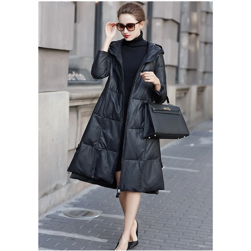 Top Trends: Women&#039;s Hooded Leather Coat, Genuine Sheepskin, Thick Coat, Medium Length Leather Outerwear, Casual Trench, Autumn, Winter Shoppable Styles