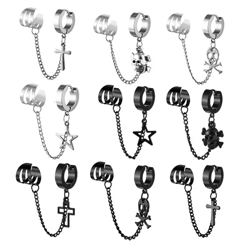 Top Trends: 1Pcs Stainless Steel Ear Clip Earrings For Men Women Punk Cross Star Skull Non Piercing Fake Earrings Chain Pendant Hoop Earring Shoppable Styles