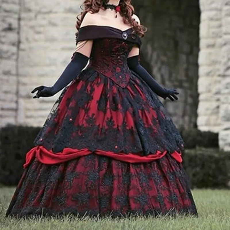 Top Trends: Gothic Medieval Burgundy And Black Wedding Dress Long Sleeve Lace Appliques Victorian Masquerade Bridal Gown 213 Shoppable Styles