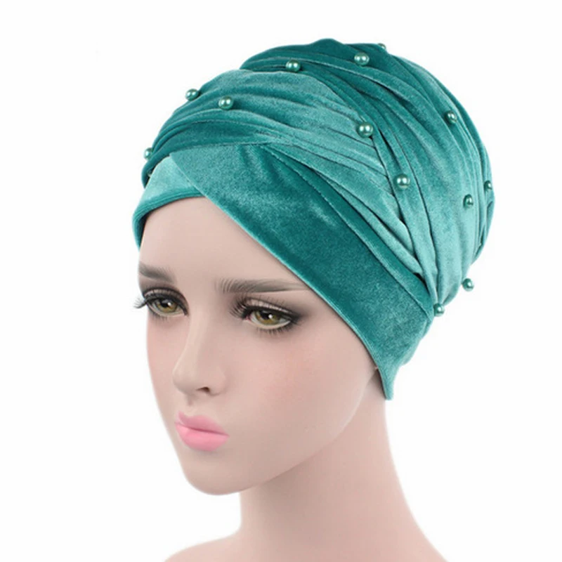 Top Trends: Warm Velvet Turban Scarf Hijab For Women Beading Headscarf Bonnet African Indian Hat Female Head Wraps Islamic Headwear Shoppable Styles