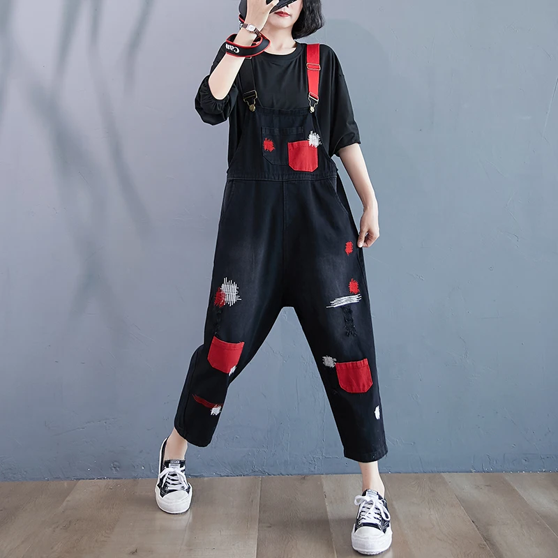 Top Trends: Fashion Streetwear Black Red Denim Overalls Women Autumn Pockets Ripped Mom Jeans Jumpsuit Loose Big Size Straps Baggy Pants Shoppable Styles