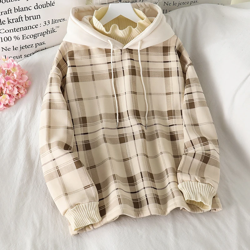 Top Trends: Harajuku Plaid Hooded Hoodie Women Loose Autumn Winter Thick Warm Pullover Sweatshirts Female Oversized Sudaderas Mujer Shoppable Styles