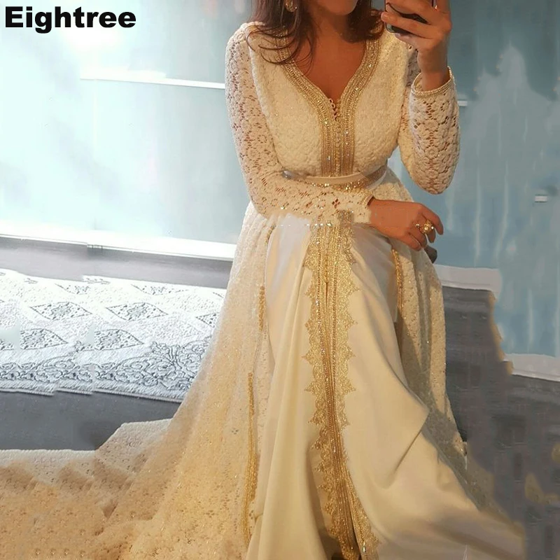 Top Trends: Eightree Lace Moroccan Caftan Evening Dresses Gold Appliques Special Occasion Dresses Arabic Muslim Long Evening Party Gowns Shoppable Styles