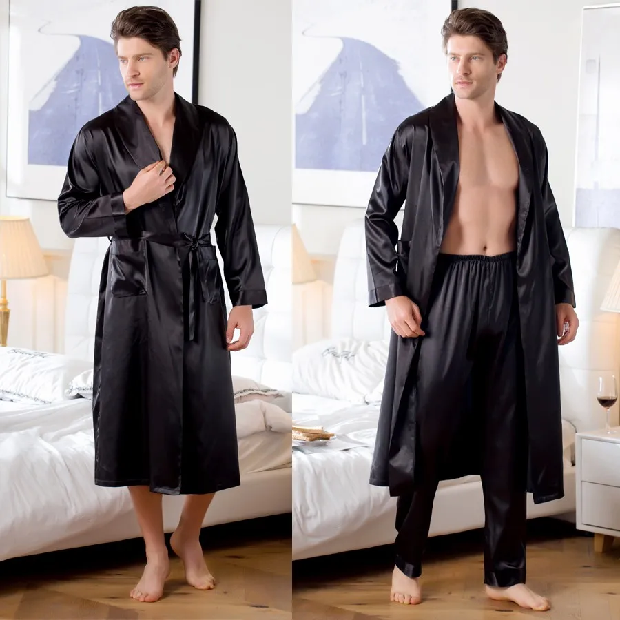 Top Trends: Big Size 3XL Men Robe Loose Satin Kimono Bath Gown Casual Sleepwear Sexy Nightwear Long Sleeve Lapel Wedding Intimate Lingerie Shoppable Styles