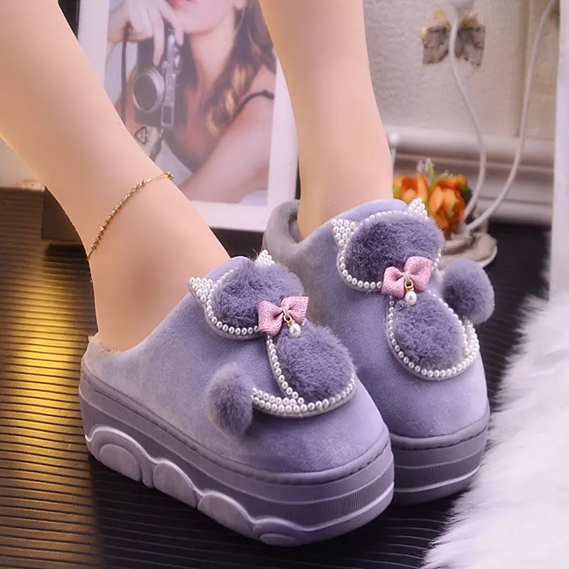 Top Trends: 2021 New Arrival Girls Ins Cat Slippers Female Platform Fur Slides Increase 5 Cm Rhinestone Shoes Woman House Slippers Shoppable Styles