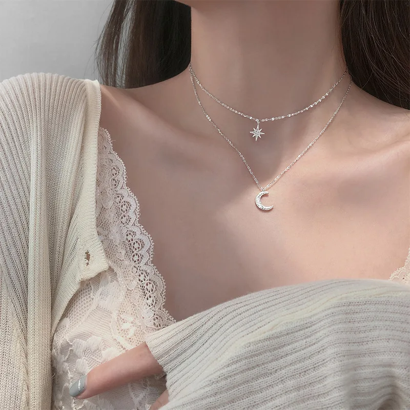 Top Trends: Double Layer Star Moon Clavicle Chain Necklace For Women Girl Cubic Zircon Necklace Gift Fine Jewelry Party Wedding Accessories Shoppable Styles