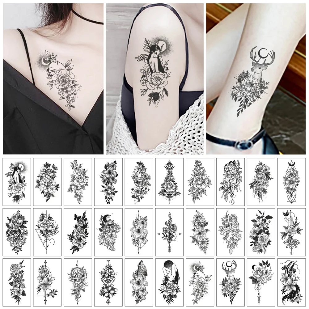 Top Trends: 30pcs / set Temporary Tattoo Sticker Women Waterproof Black Rose Fake Tattoo Body Hands Arm Leg Flowers Tatouage Temporaire Femme Shoppable Styles