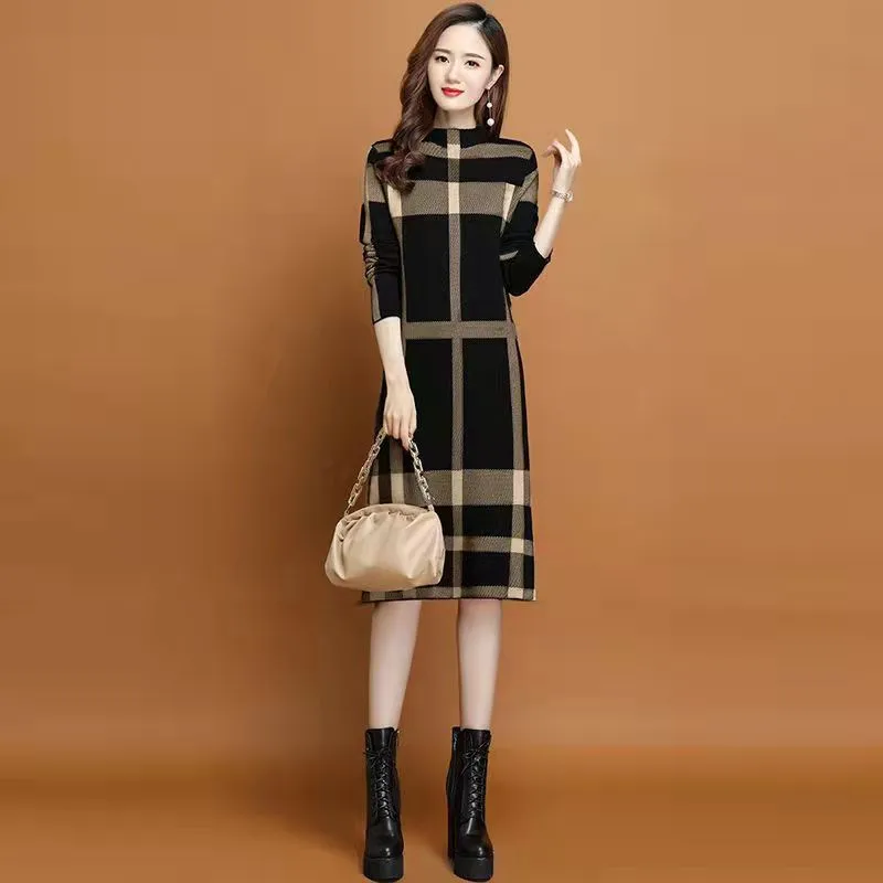 Top Trends: Women Dress Spring Autumn 2023 New Casual Knitting Sweater Plaid Patchwork Turtleneck Pullover Bottom Knee-Length Female Clothes Shoppable Styles